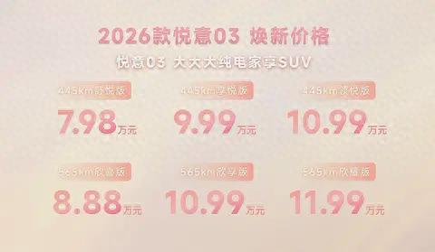 安全舒适智能化均升级：7.98万起售，2026款悦意03性价比还是有的