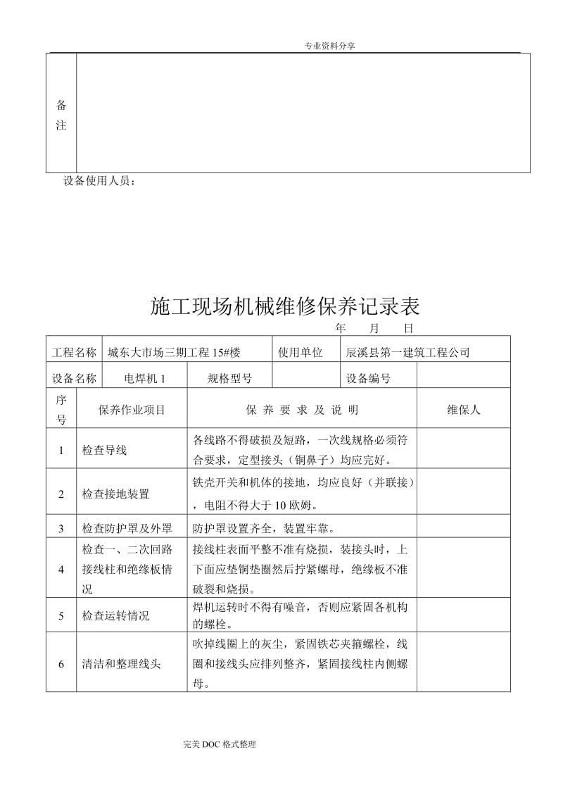 施工机械维修保养记录