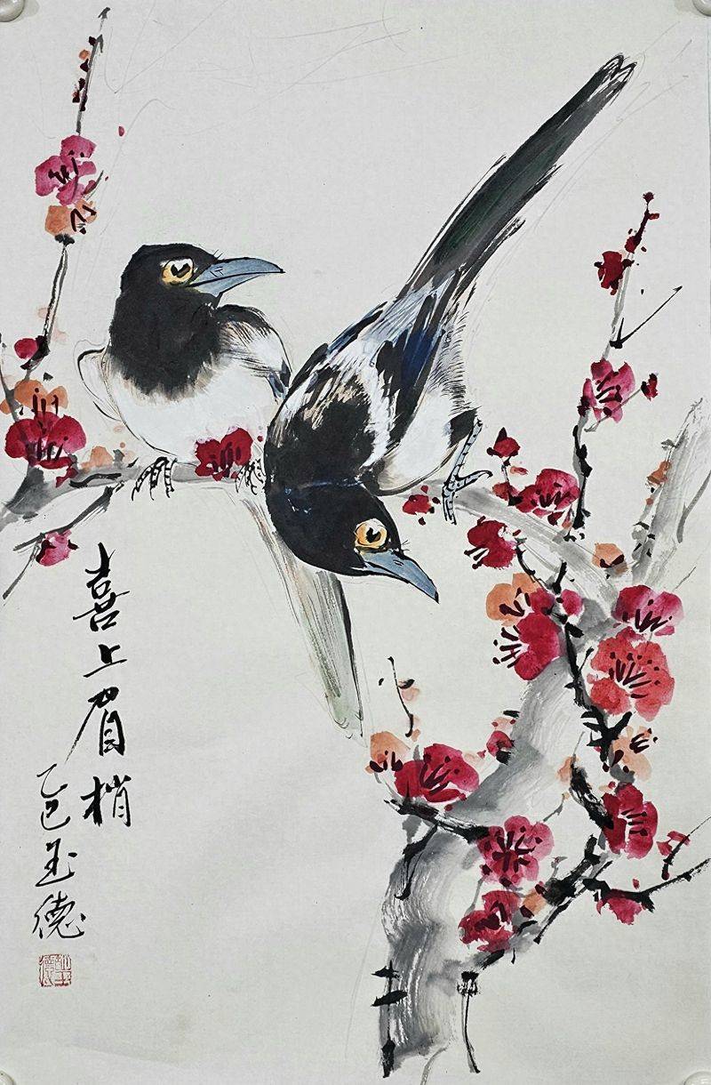 国画体验课：《双喜临门、喜上眉梢》喜鹊梅花国画——胡玉德创作