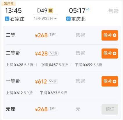 福州到重庆火车票多少钱