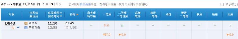 攀枝花到丽江的火车多少钱