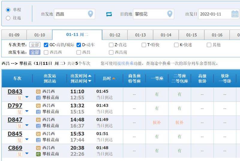 攀枝花到丽江的火车多少钱