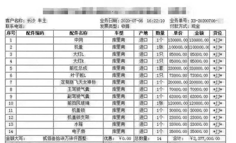 汽车维修费用明细清单